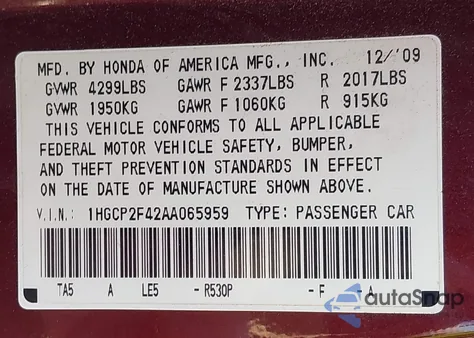 2010 Honda Accord 2.4 Lx-P from USA, damaged, VIN 1HGCP2F42AA065959